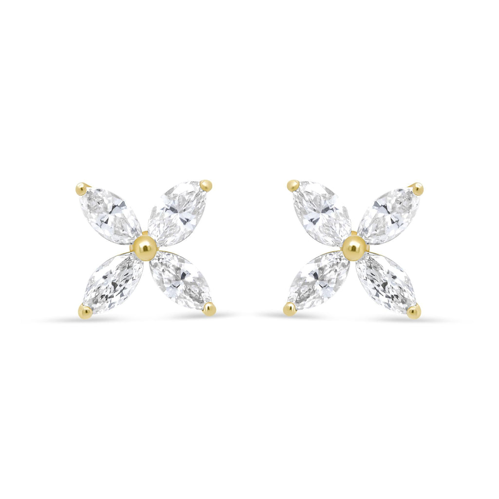 14K Gold Marquise Diamond 8 Stone Floral Leaf Stud Earrings (I-J Color, SI2-I1 Clarity)