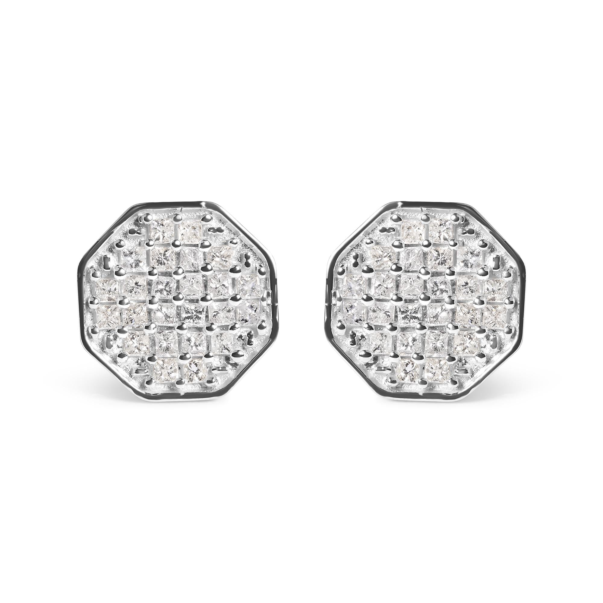 10K White Gold 7/8 Cttw Princess Diamond Composite Octagon Shaped Stud Earrings (I-J Color, I1-I2 Clarity)