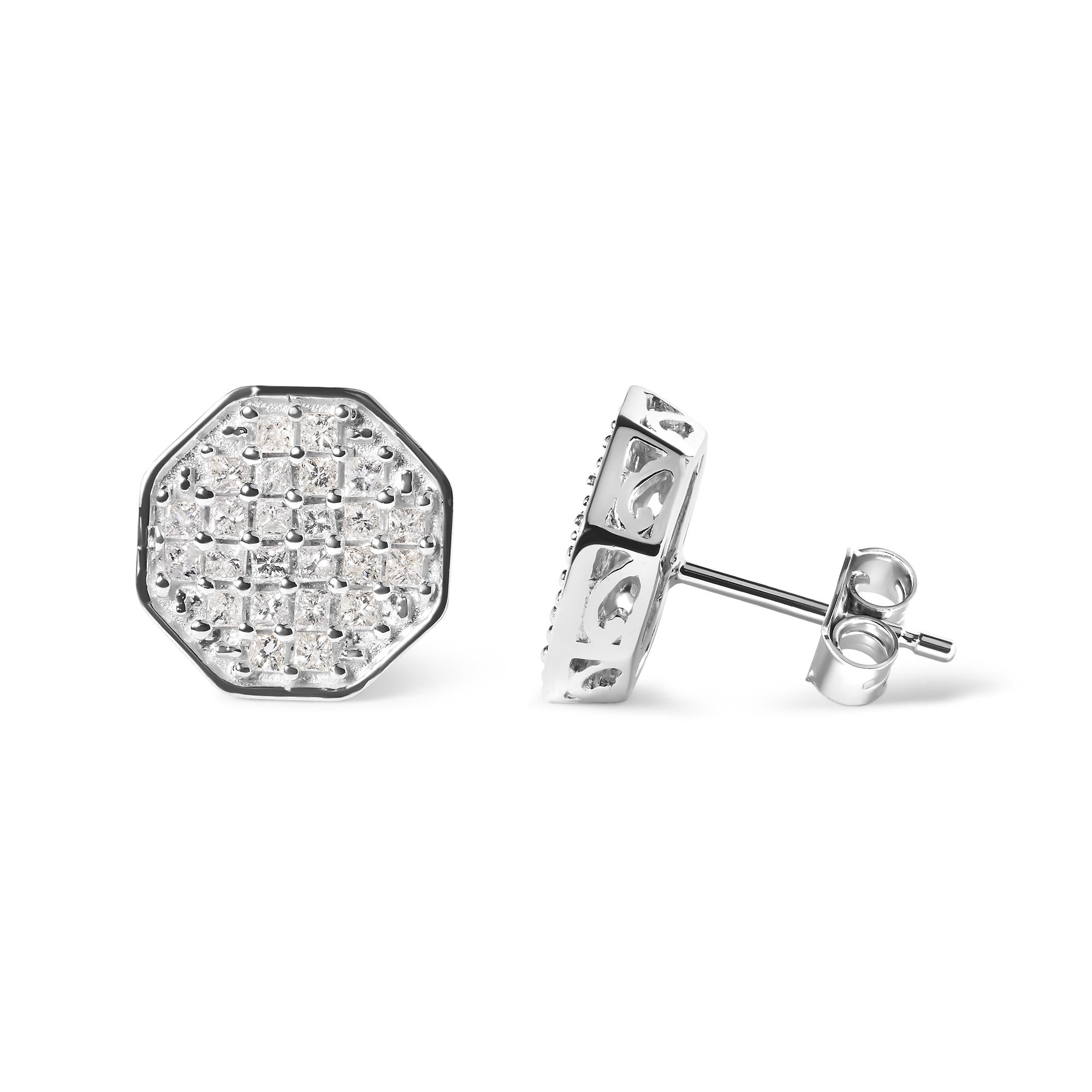 10K White Gold 7/8 Cttw Princess Diamond Composite Octagon Shaped Stud Earrings (I-J Color, I1-I2 Clarity)