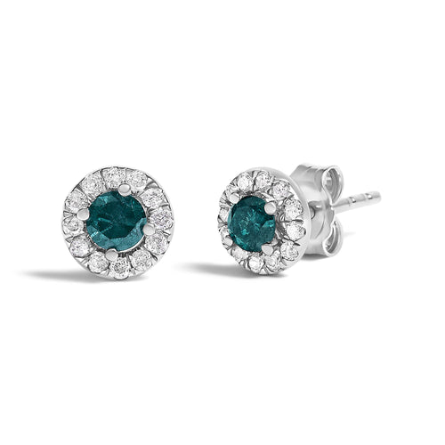 .925 Sterling Silver 1/2 Cttw Blue Diamond Halo Stud Earring