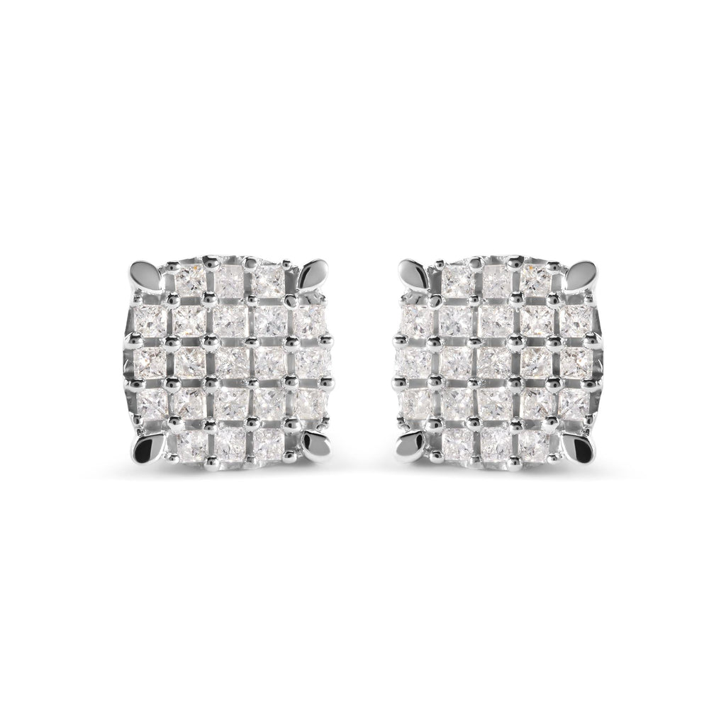 10K White Gold 3/4 Cttw Princess Diamond Composite Cushion Shape Stud Earrings (I-J Color, I1-I2 Clarity)
