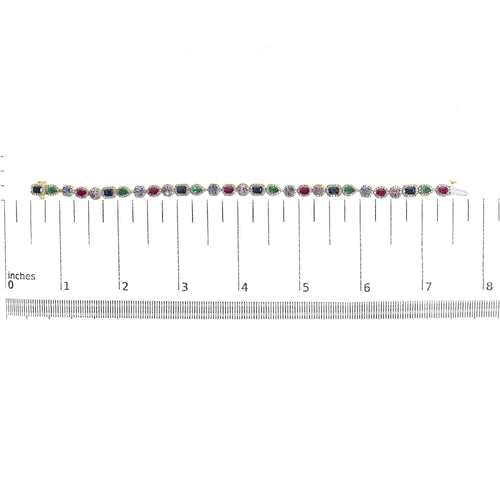 14K Yellow Gold Multi-Gemstone  and Diamond Halo Rainbow Tennis Bracelet