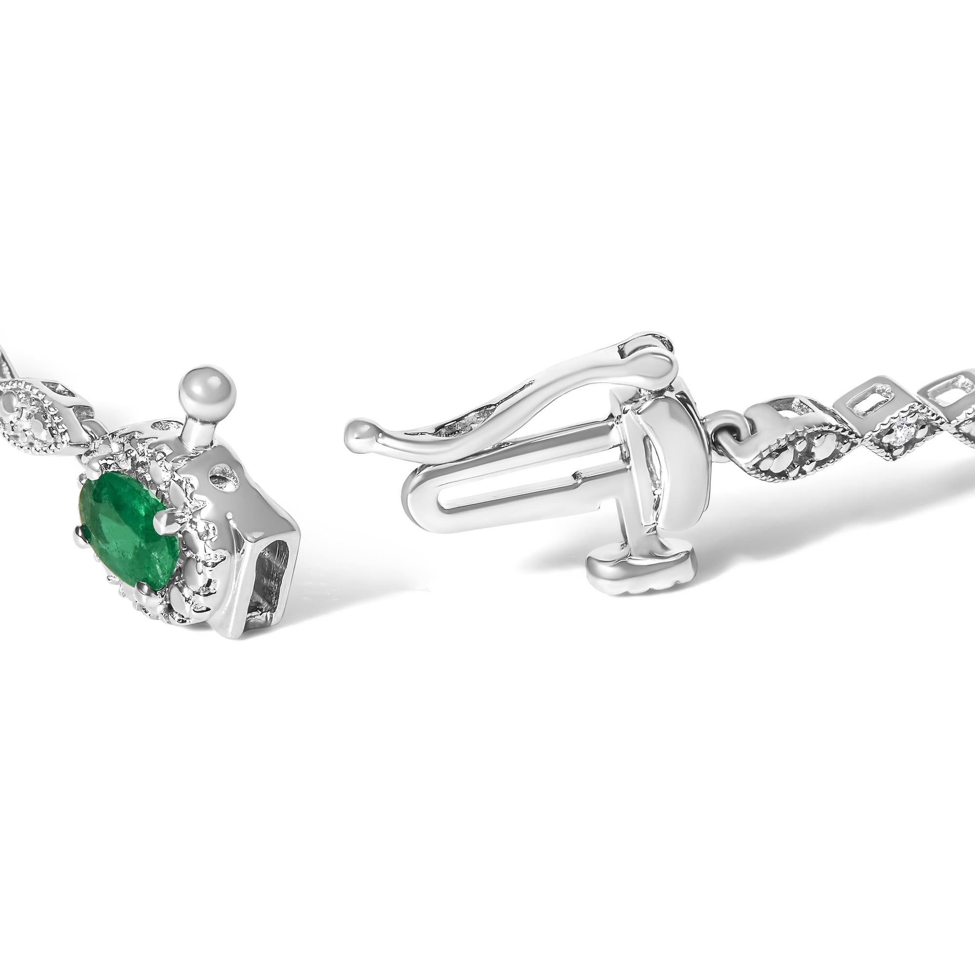 10K White Gold Oval Green Emerald & Diamond Alternating Link Bracelet