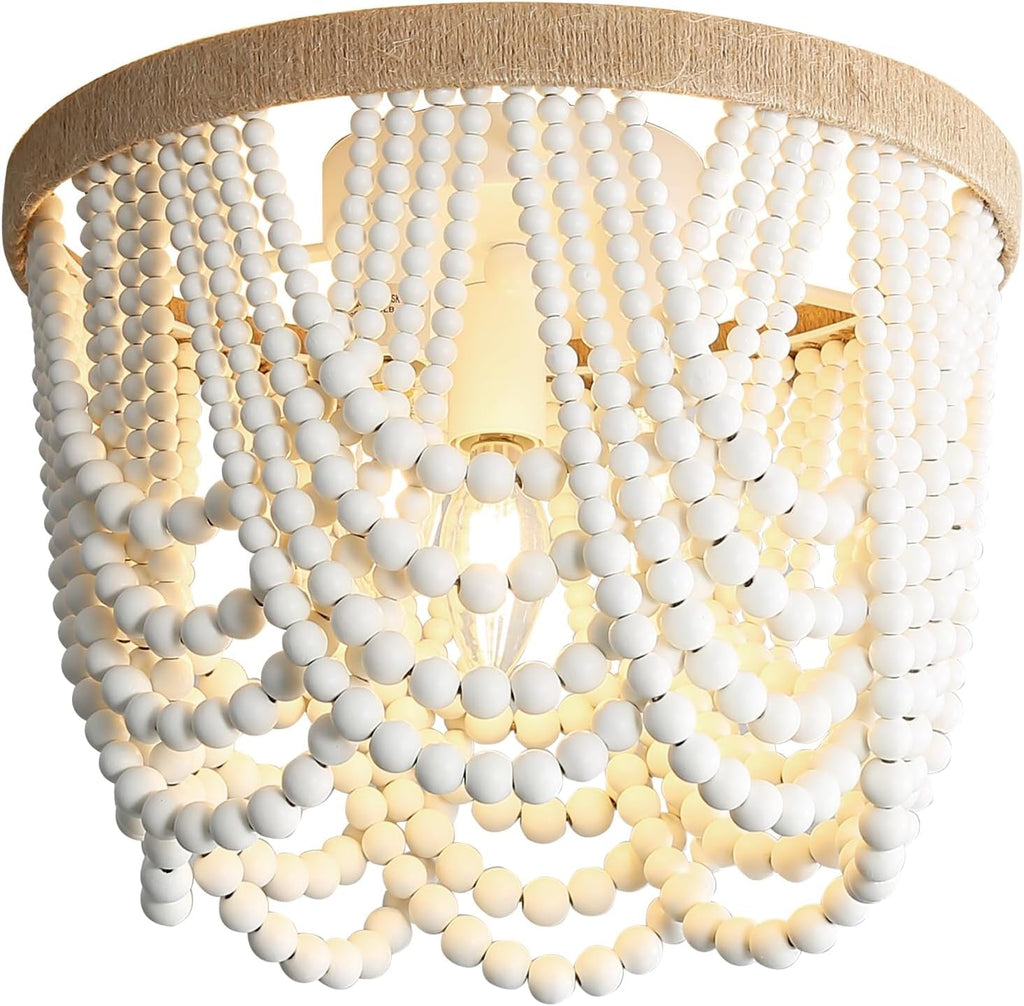 Three Light White Wood Bead Bohemian Chandelier Handmade