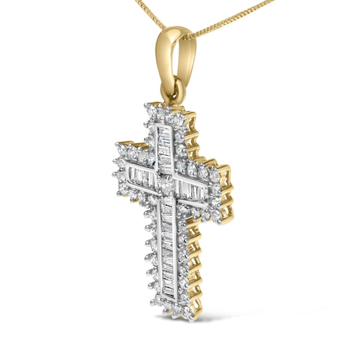 14K Yellow Gold 2.0 Cttw Multi-Row Diamond Cross Pendant Necklace