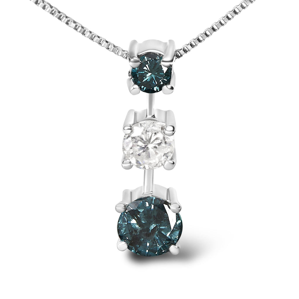 14K White Gold 1 1/2 Cttw Treated Blue and White Diamond 3-Stone 18" Pendant Necklace (Blue/H-I Color, I1-I2 Clarity)