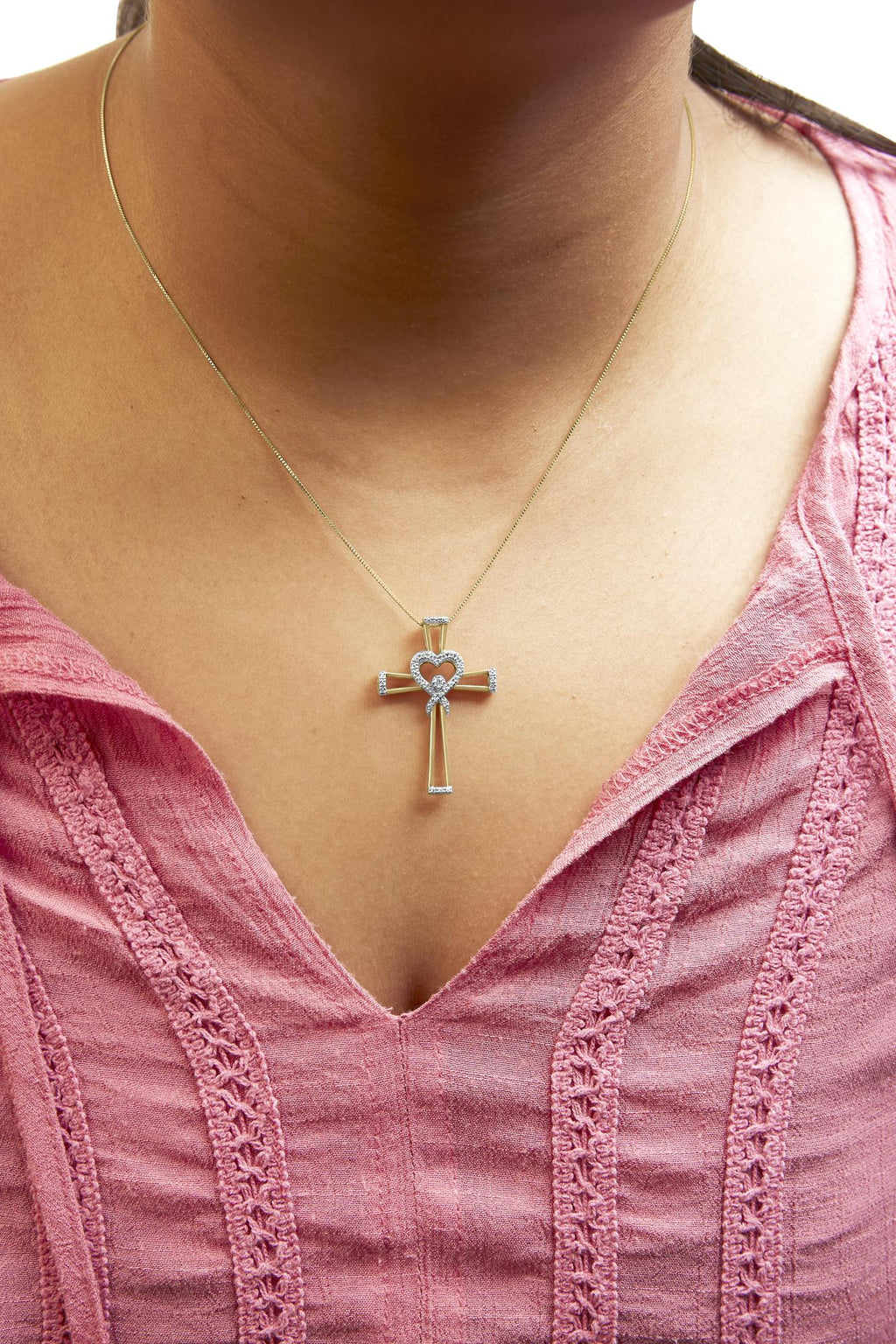 14K Yellow Gold Plated .925 Sterling Silver 1/6 Cttw Diamond Interlocking Heart and Ribbon Cross Pendant Necklace (H-I Color, I2-I3 Clarity) - 18" Inches