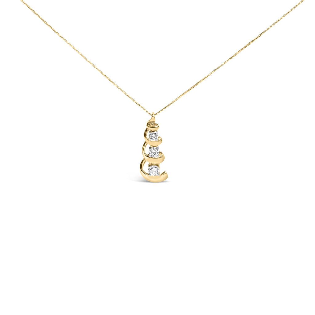 10k Yellow Gold 1/4 Cttw Diamond 3 Stone Swirl and Drop Pendant Necklace