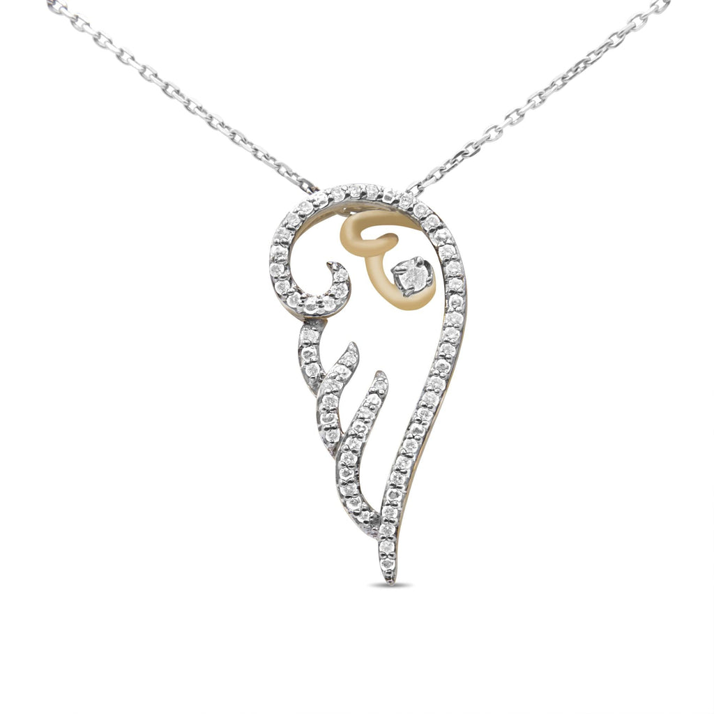 10K Yellow Gold over .925 Sterling Silver 1/4 Cttw Diamond Angel Wing 18" Pendant Necklace (H-I Color, I1-I2 Clarity)