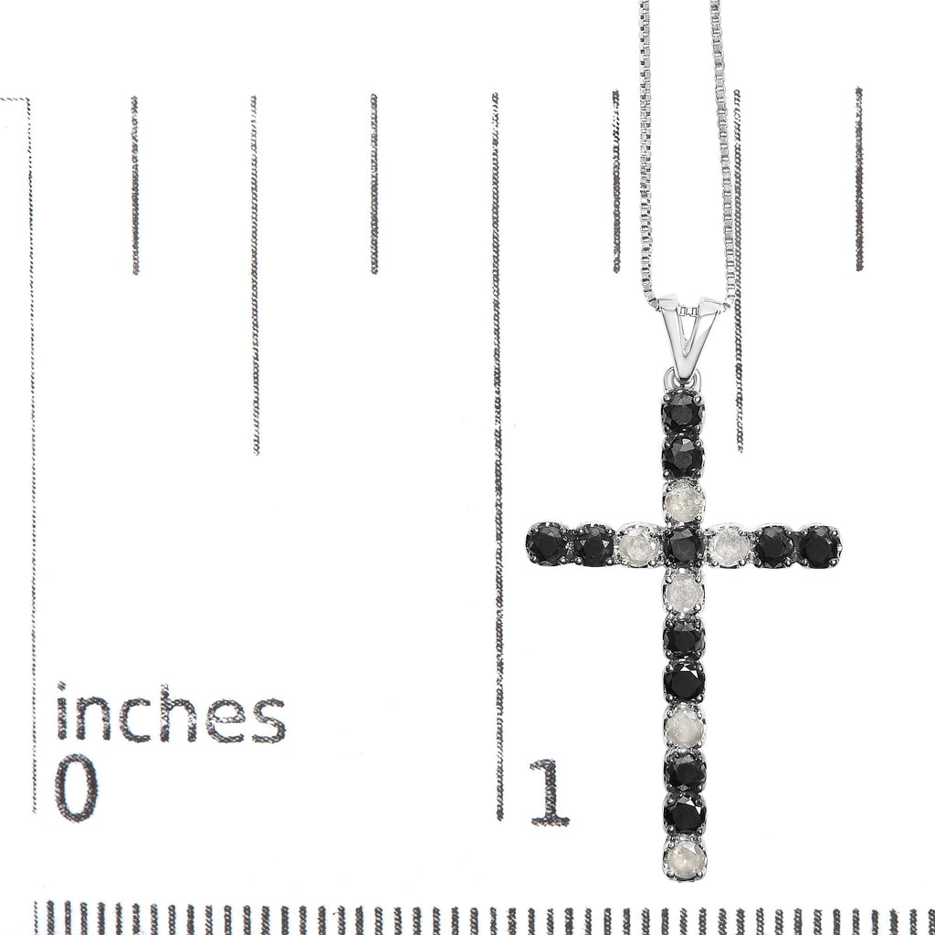 .925 Sterling Silver 2.0 Cttw Prong Set Round Natural Treated Black and White Diamond Cross Pendant Necklace - 18" (Black/H-I Color, I3 Clarity)