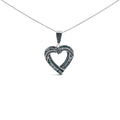 .925 Sterling Silver 1.00 Cttw Baguette and Round Blue Diamond Open Heart Pendant Necklace