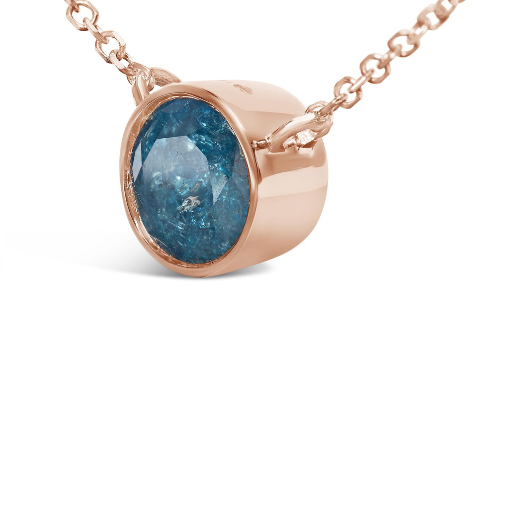 14K Rose Gold 2.0 Cttw Bezel Set Blue Diamond Solitaire Pendant Necklace  - 18" Inches