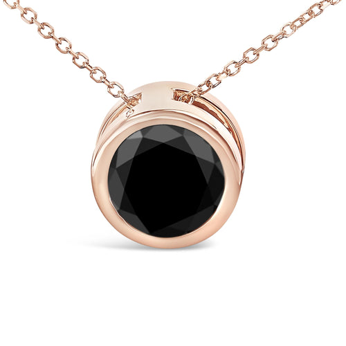 14K Rose Gold Bezel-Set Black Round Diamond Solitaire Pendant Necklace (Black Color, I2-I3 Clarity) - 18"