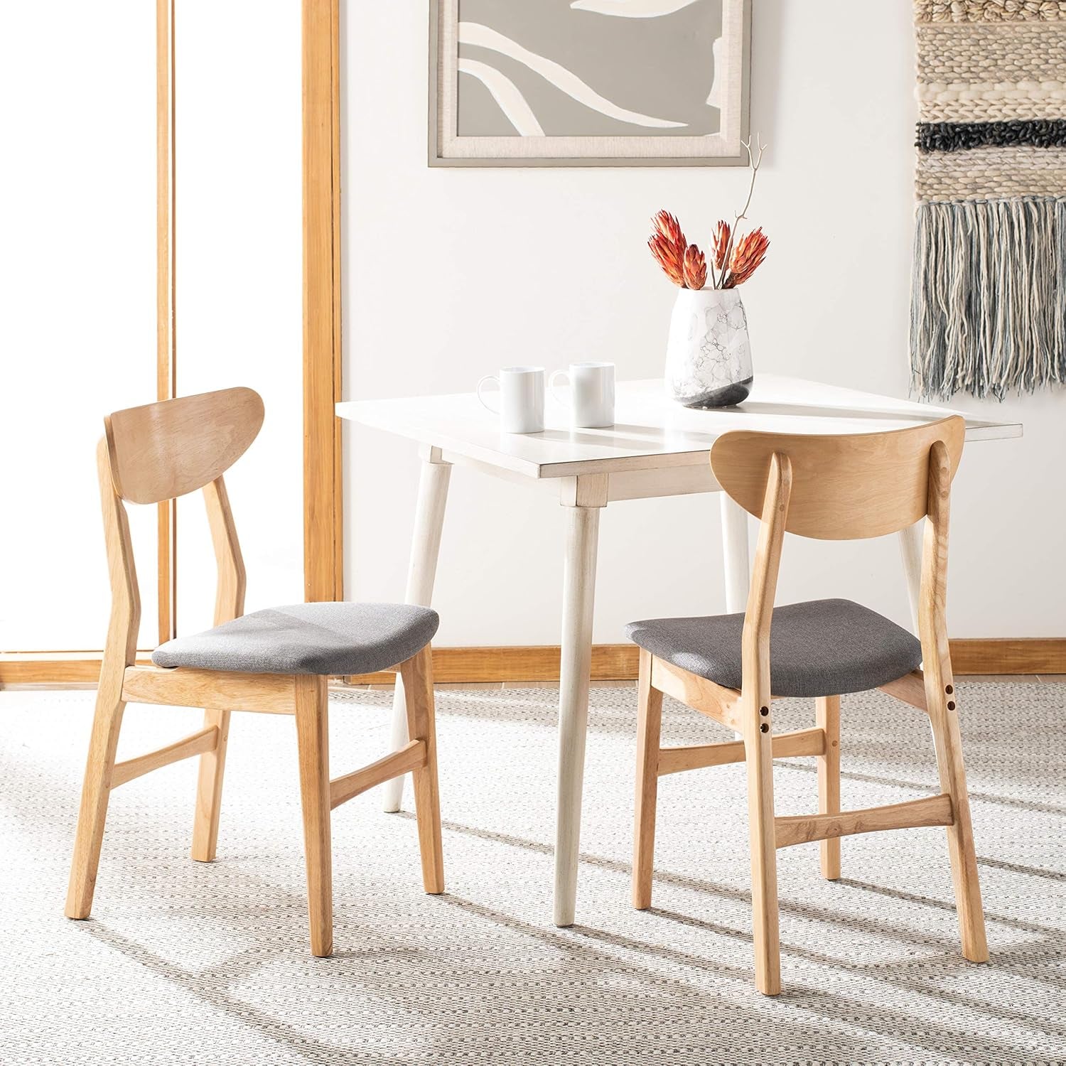 Dining Chair Set Of 2 With Grey Cushions And Natural Wood