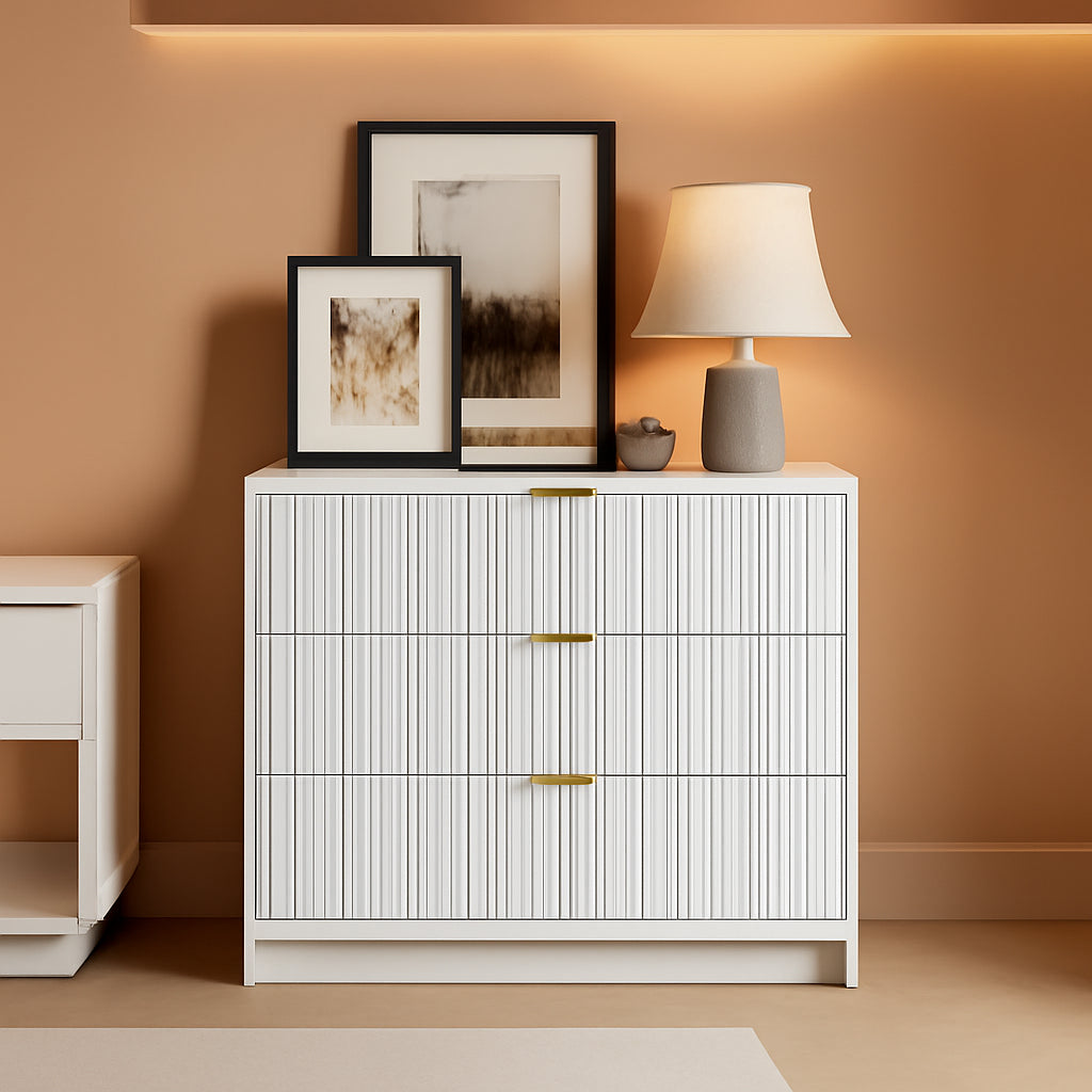 White Contemporary Dresser With Three Drawers And Fluted Panels