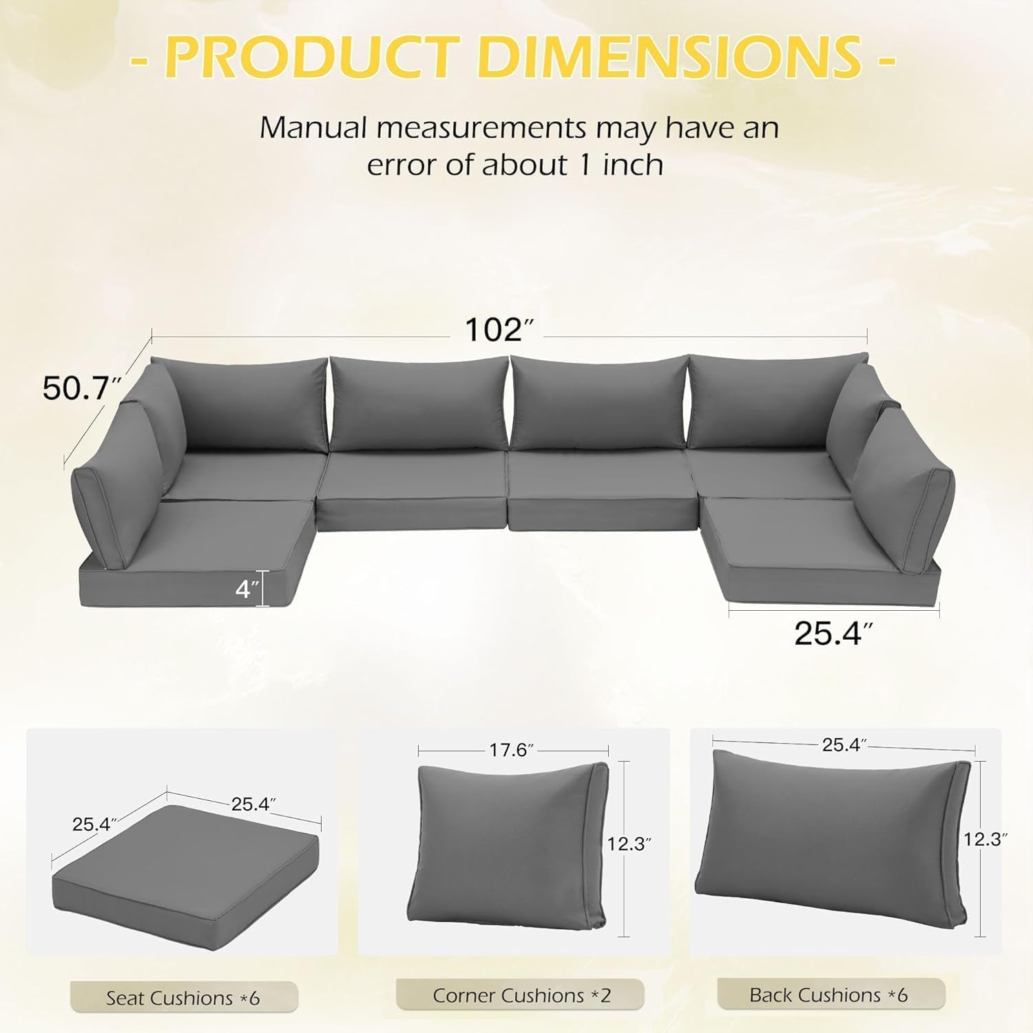 Outdoor Cushions 14 Piece Set Gray Water Repellent For 6 Seat Patio Sofa