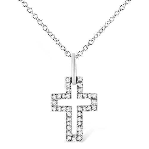 .925 Sterling Silver 1/10 cttw Pave-Set Round-Cut Diamond Open Cross 18" Pendant Necklace (I-J Color, I1-2 Clarity)