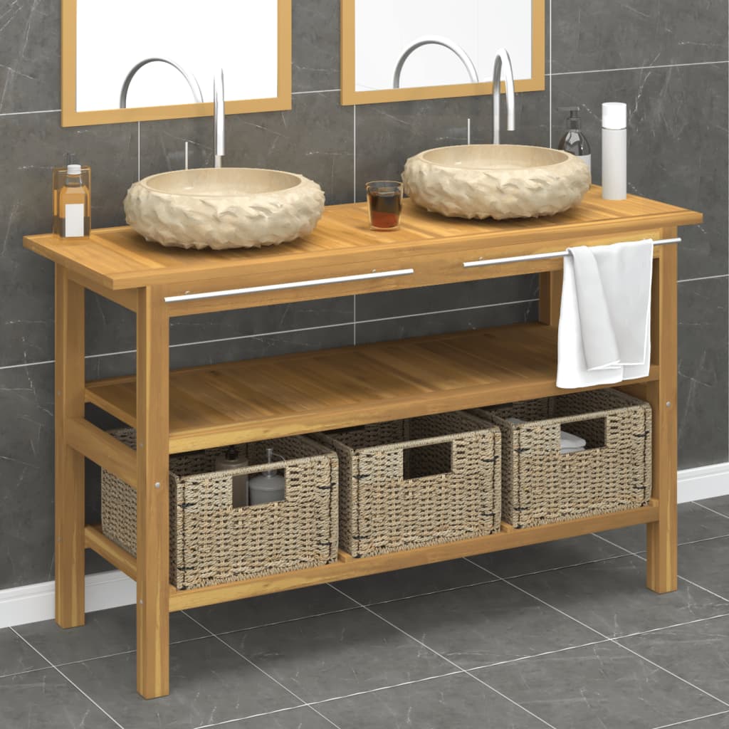 vidaXL Bathroom Vanity Cabinet with Black Marble Sinks Solid Wood Teak
