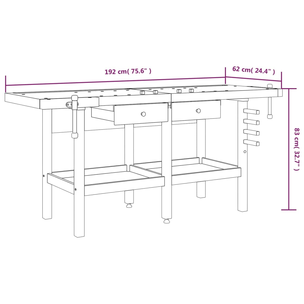 vidaXL Workbench with Drawers and Vices 75.6"x24.4"x32.7" Solid Wood Acacia-1