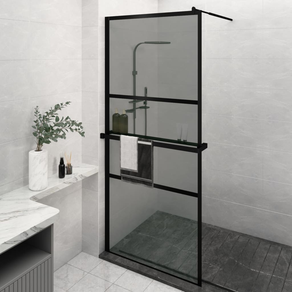 vidaXL Walk-in Shower Wall with Shelf Black 39.4"x76.8" ESG Glass&Aluminum-4