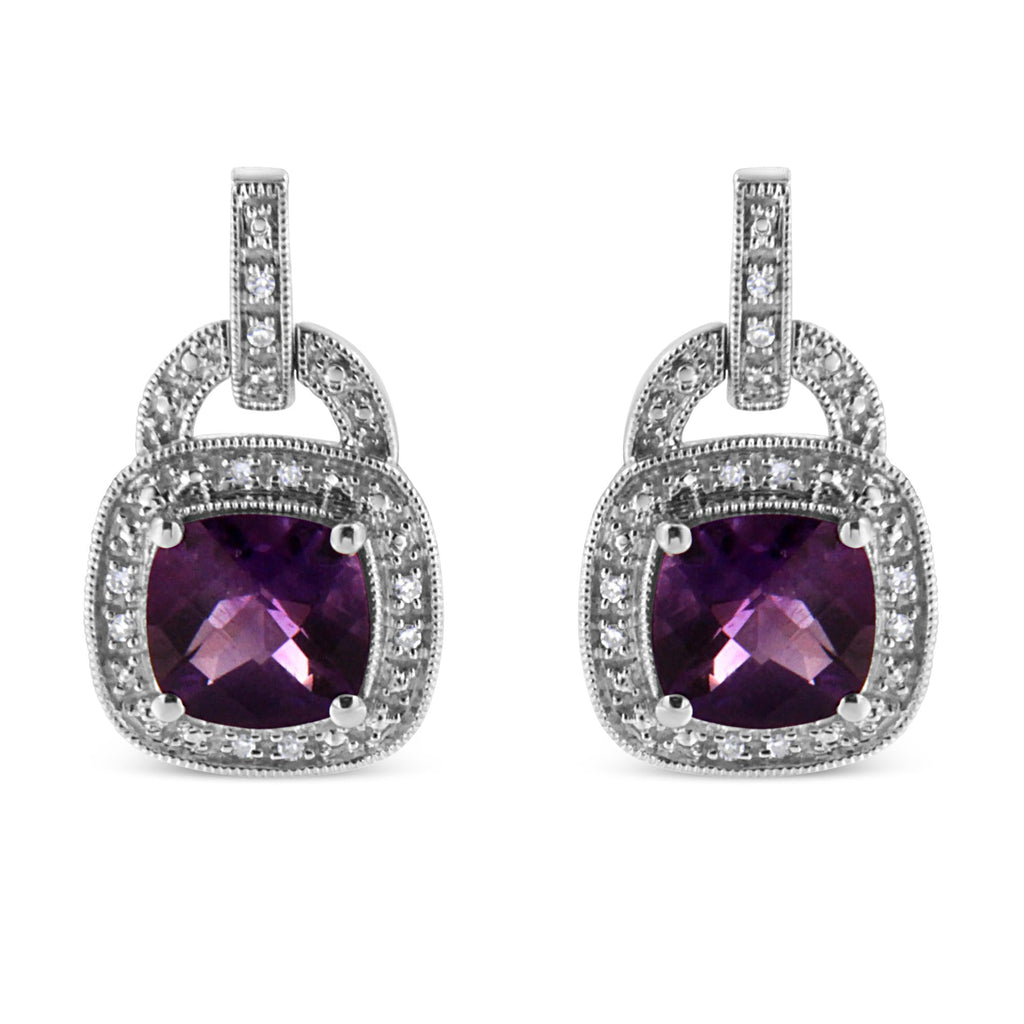 .925 Sterling Silver 8MM Natural Cushion Shaped Amethyst and Diamond Accent Halo with Push Back Dangle Earrings (I-J Color, I2-I3 Clarity)
