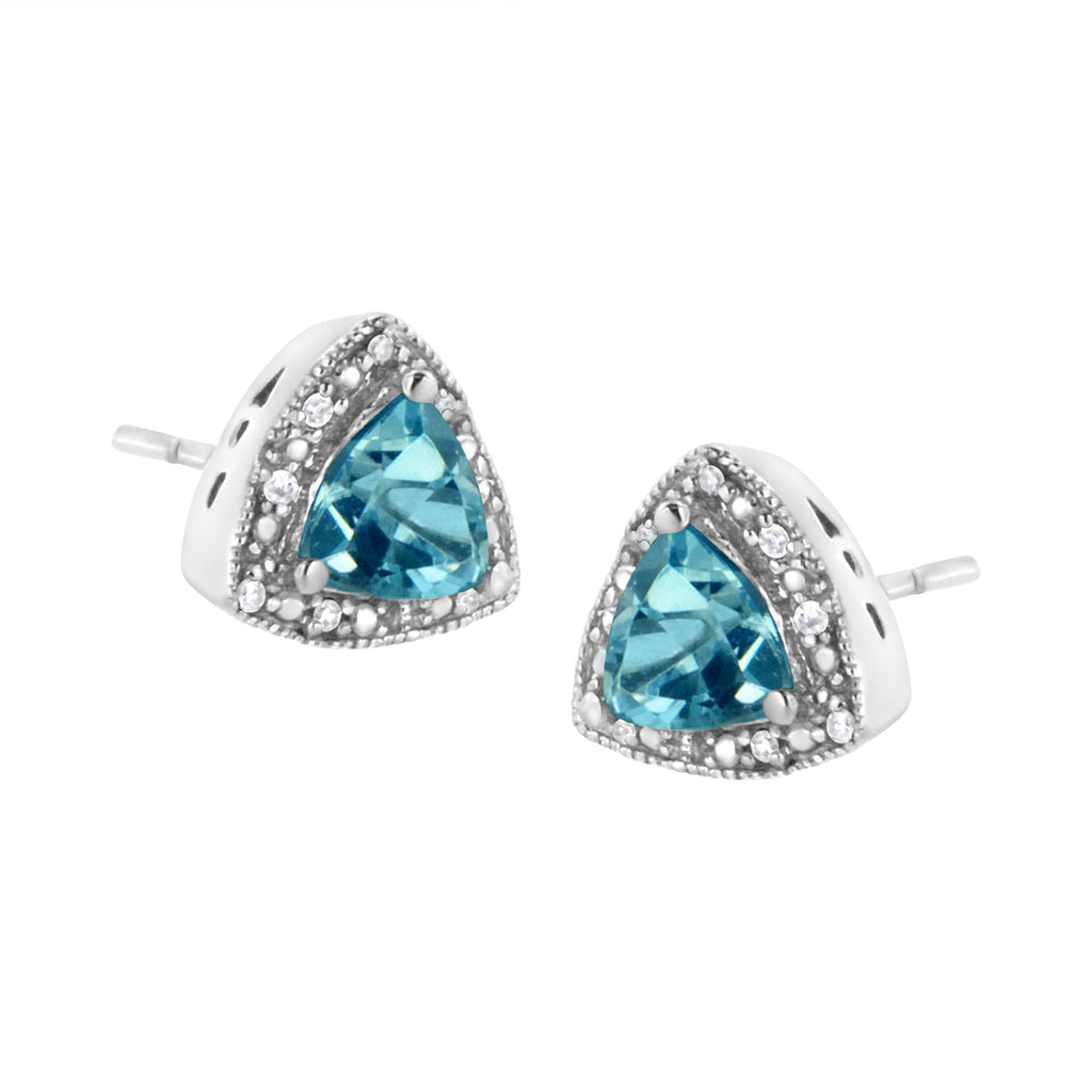 .925 Sterling Silver 6x6 mm Trillion Cut Blue Topaz Gemstone and Diamond Accent Stud Earring (I-J Color, I1-I2 Clarity)