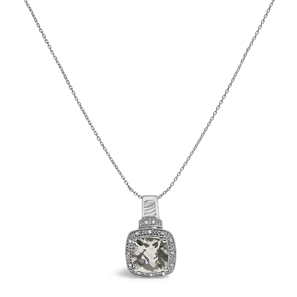 Sterling Silver Cushion Gray Green Amethyst and Diamond Accent Halo Pendant Necklace