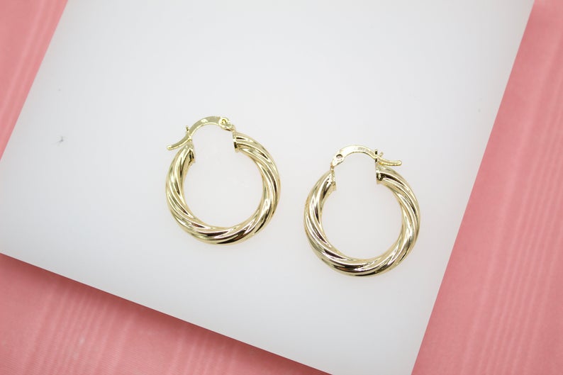 18K Gold Filled 4mm Thick Round Twisted Hoops Lever Back Earrings (J121-122)