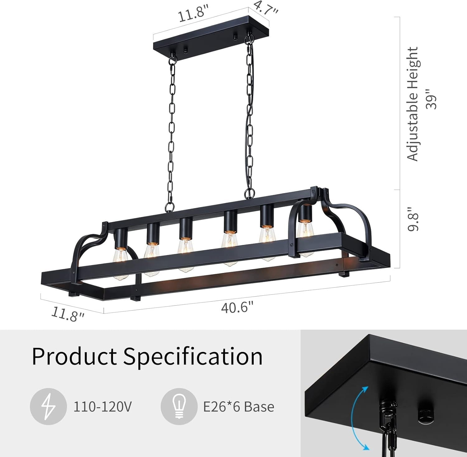 Black 6-Light Metal Pot Hanging Chandelier Fixture