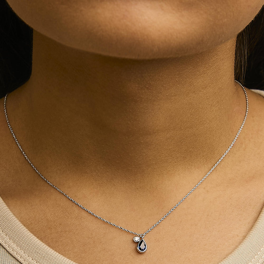 14K White Gold 6x4mm Pear Blue Sapphire and Diamond Accent Charm Pendant Necklace - 18" Inches