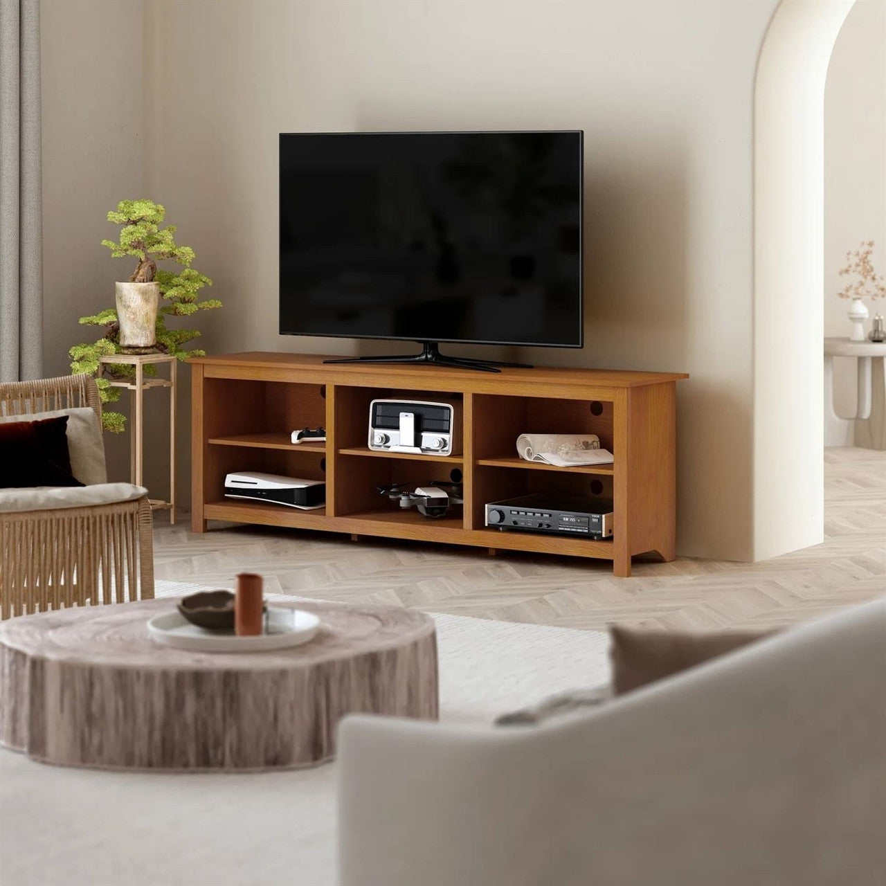 Farmhouse TV Stand in Amber Brown Wood Finish - for TVs up to 70-inch