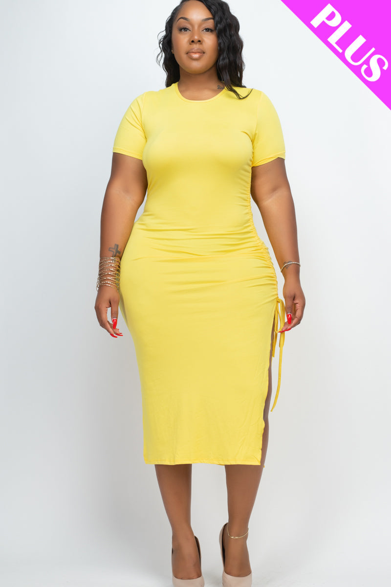 Plus Size Drawstring Ruched Side Split Hem Midi Dress (CAPELLA)