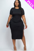 Plus Size Drawstring Ruched Side Split Hem Midi Dress (CAPELLA)