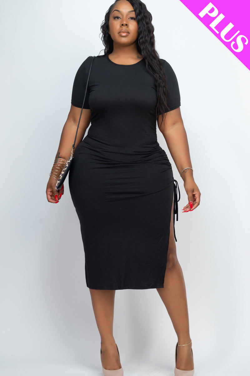 Plus Size Drawstring Ruched Side Split Hem Midi Dress (CAPELLA)