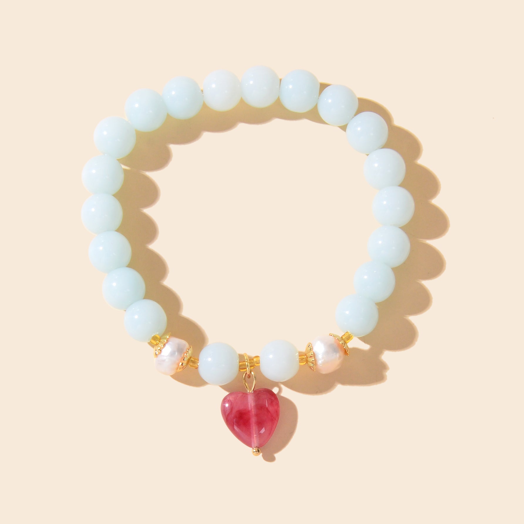 Retro Good Quality Jewellery Light Blue String Glass Beads Pink Heart Bracelet