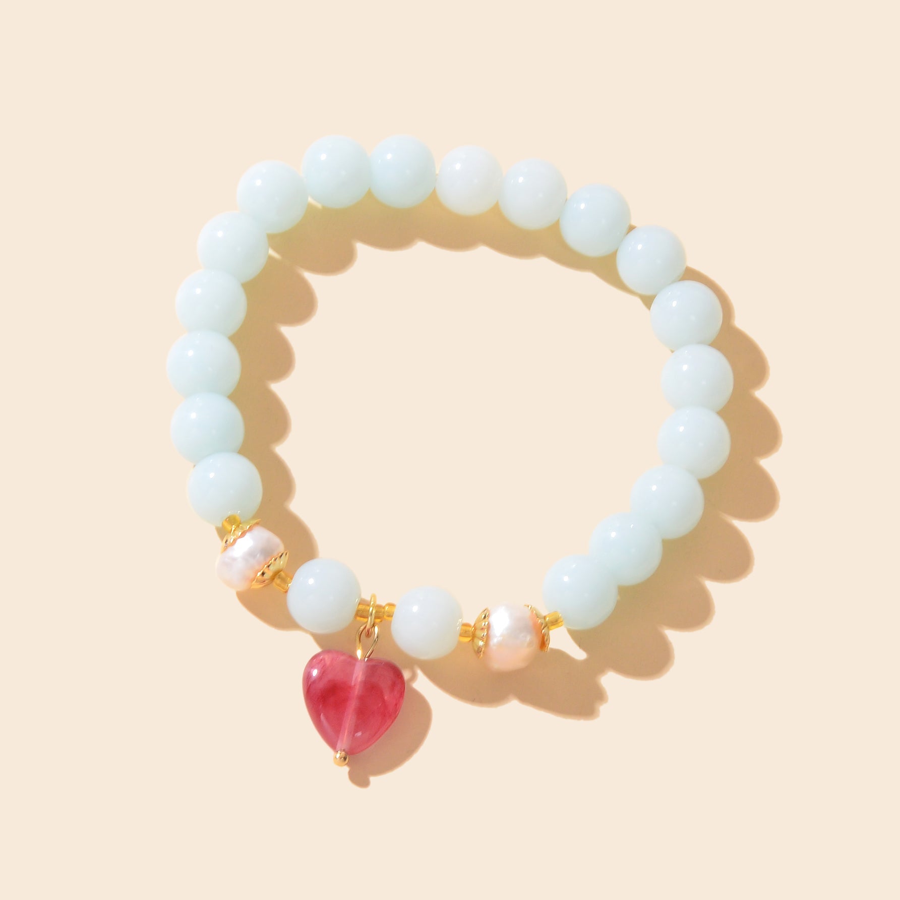 Retro Good Quality Jewellery Light Blue String Glass Beads Pink Heart Bracelet