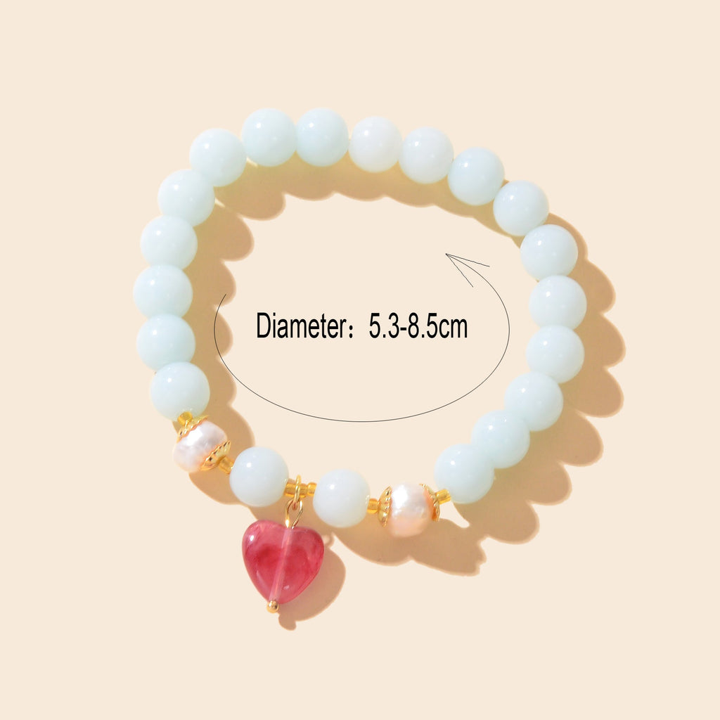 Retro Good Quality Jewellery Light Blue String Glass Beads Pink Heart Bracelet