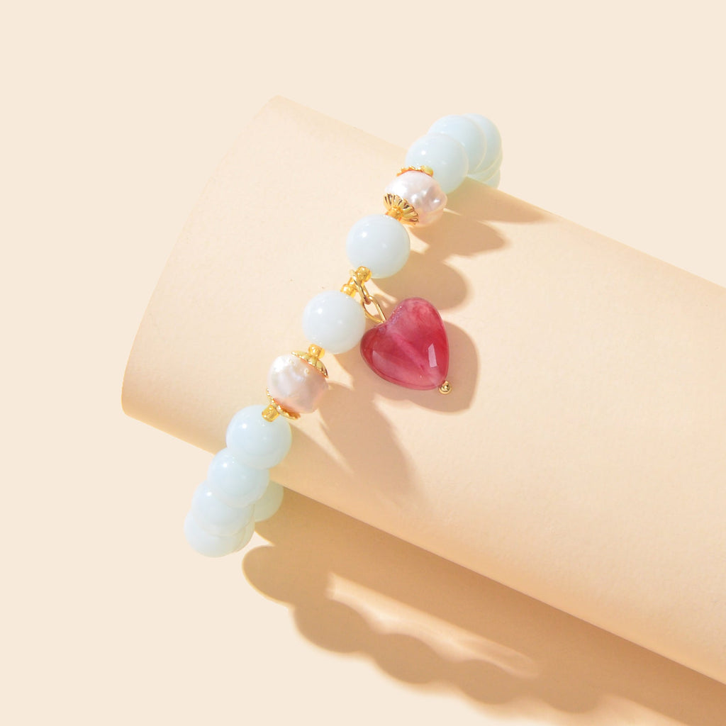 Retro Good Quality Jewellery Light Blue String Glass Beads Pink Heart Bracelet