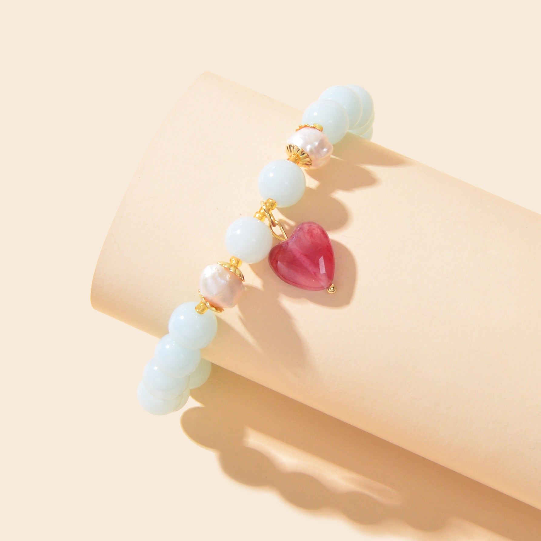 Retro Good Quality Jewellery Light Blue String Glass Beads Pink Heart Bracelet