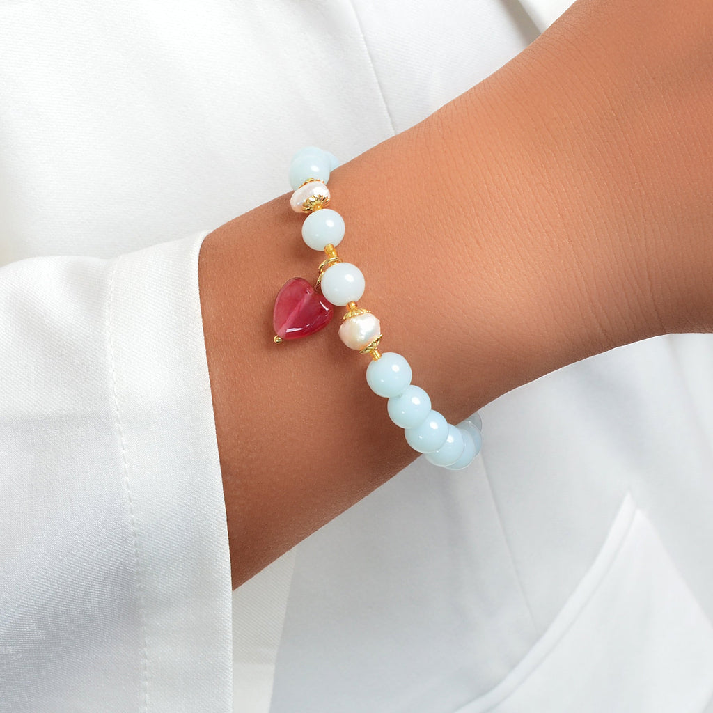 Retro Good Quality Jewellery Light Blue String Glass Beads Pink Heart Bracelet