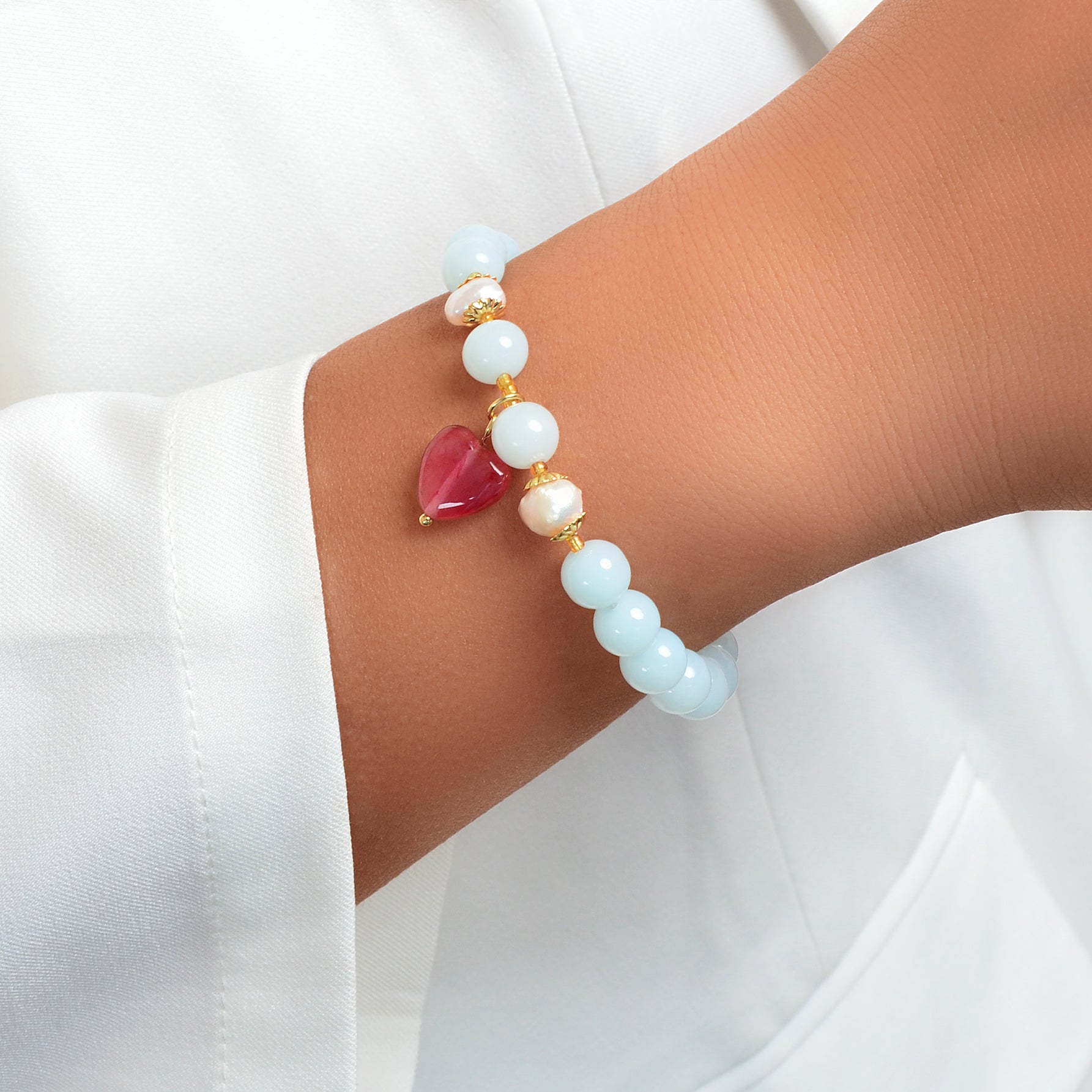 Retro Good Quality Jewellery Light Blue String Glass Beads Pink Heart Bracelet
