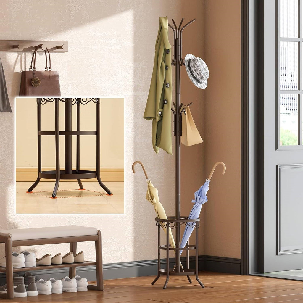Brown Metal Coat Rack Entryway Hall Tree with Umbrella Stand-2