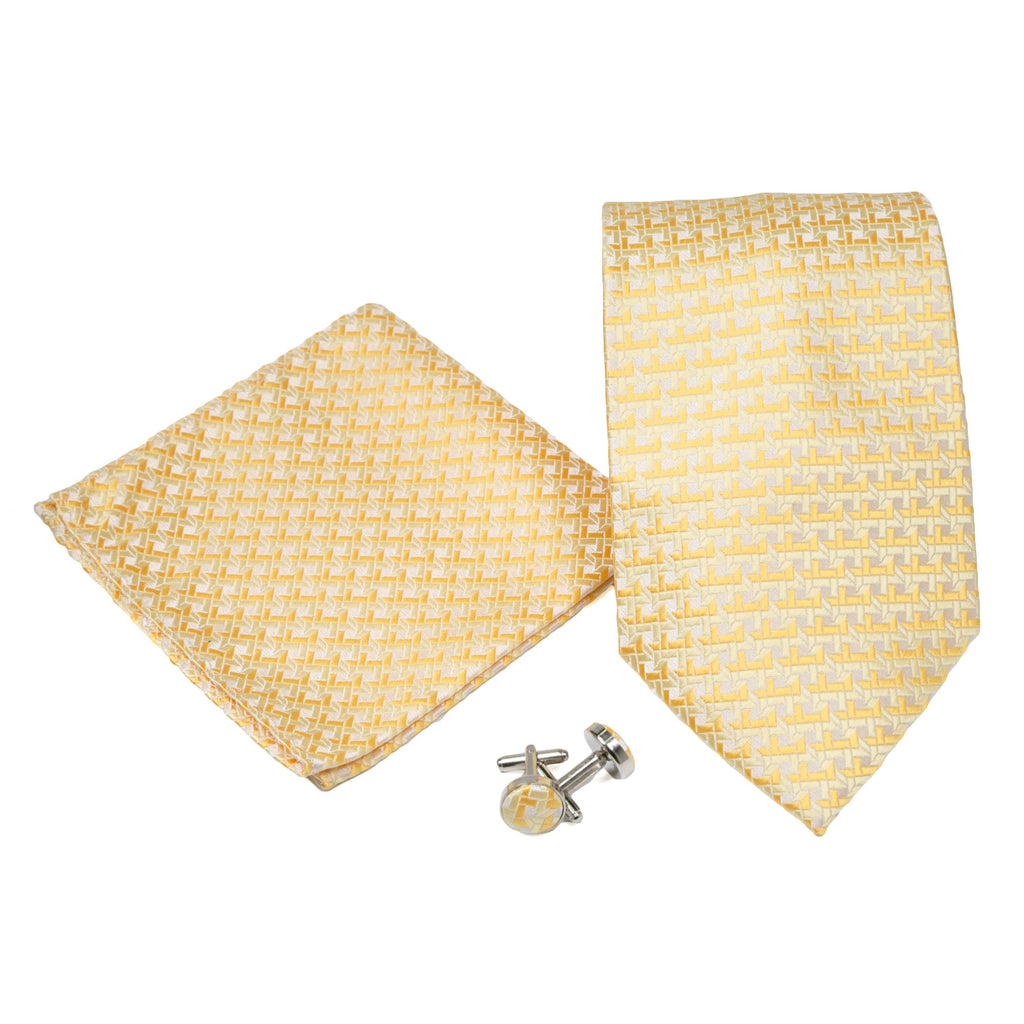 Men's Yellow Striped Grid Pattern Design 4-pc Necktie Box Set-0