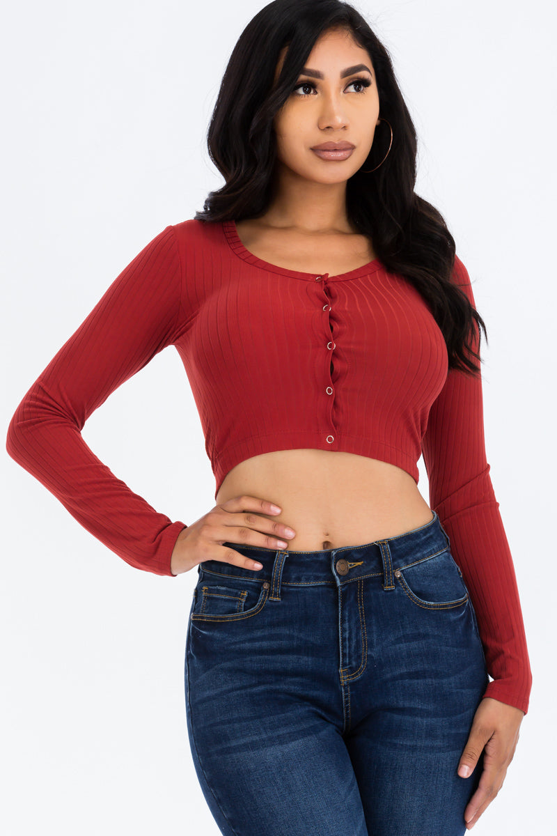 Ribbed Long Sleeve Snap Button Down Crop Top (CAPELLA)
