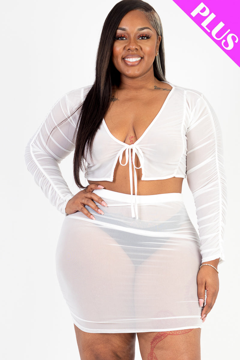 Plus Size Sheer Mesh Tie Front Crop Top & Ruched Side Mini Skirt (CAPELLA)