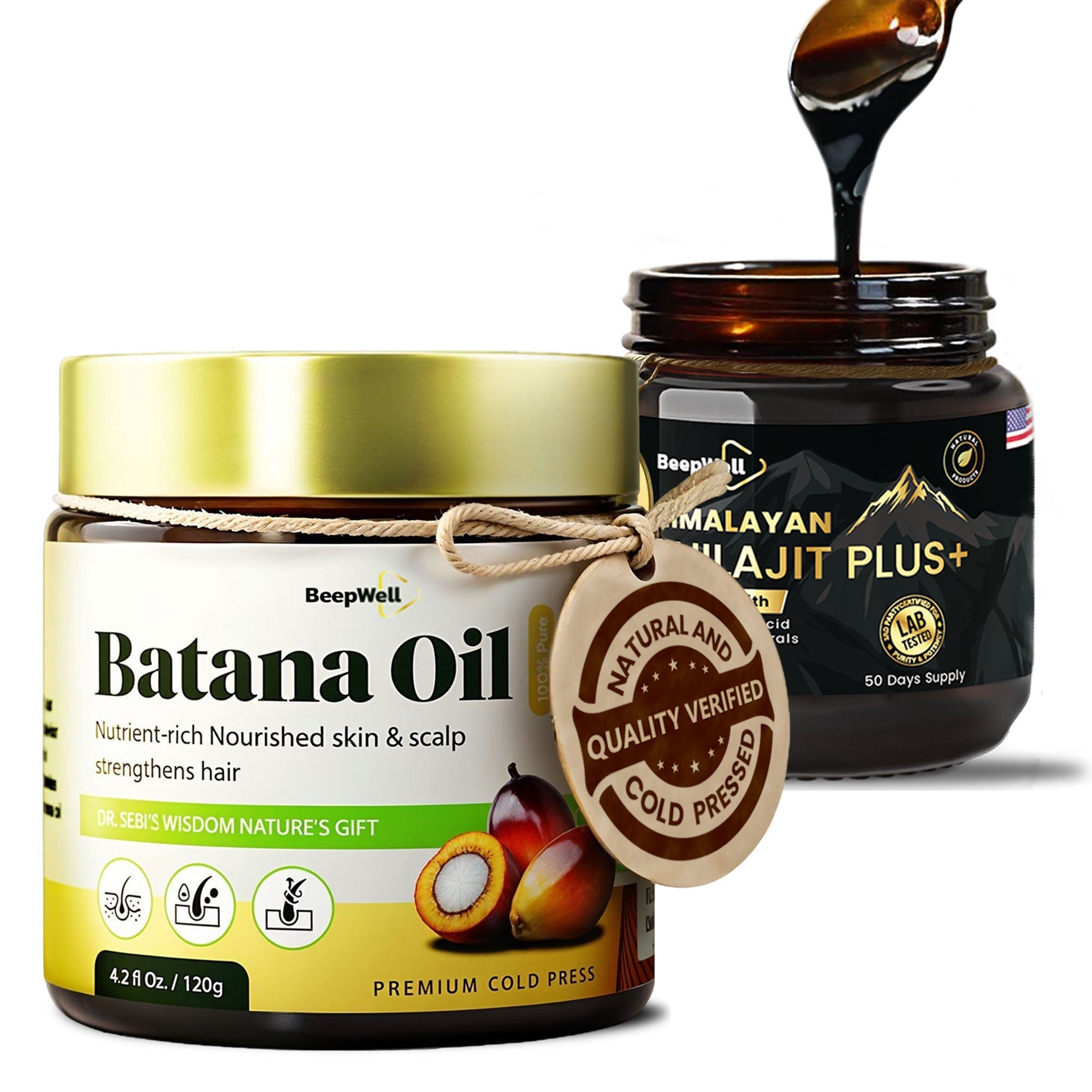 BeepWell Shilajit Resin + Batana Oil Combo – Ayurvedic Resin (40g, 50 Servings) & Unrefined Hair Oil (4.2 fl oz)-0