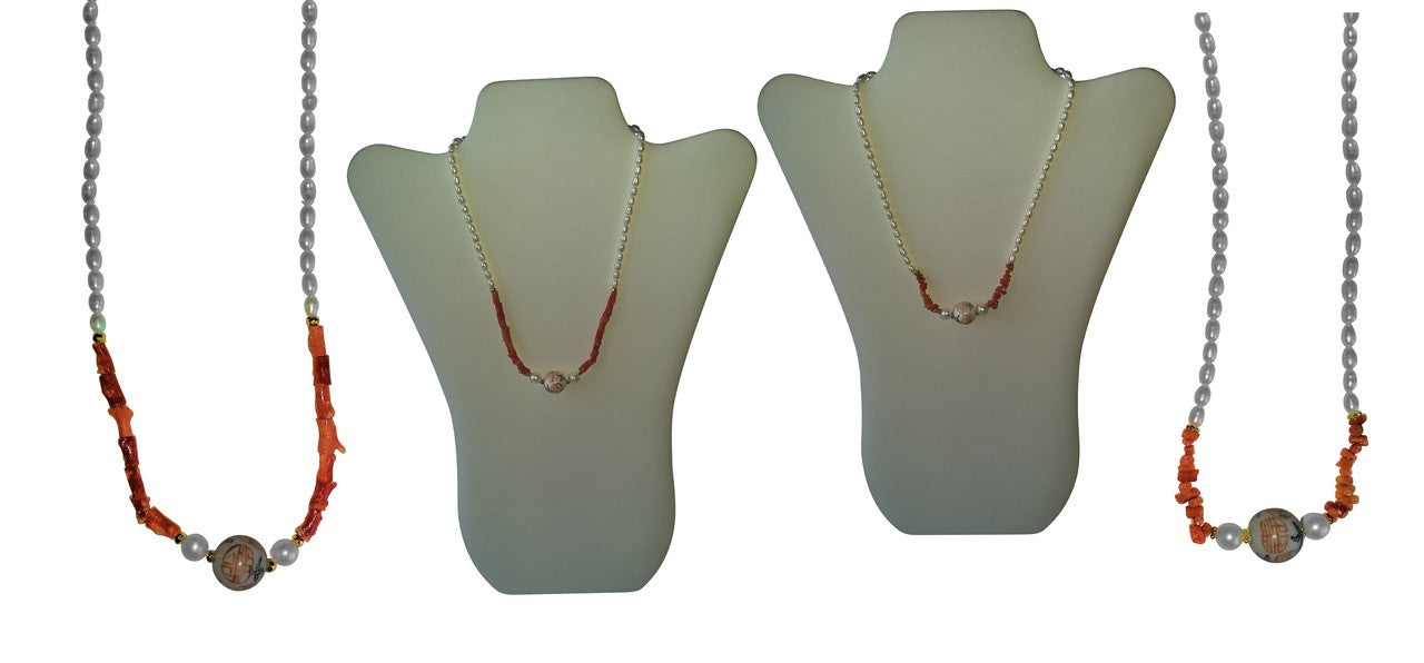 Double Happiness & Longevity Happy Marriage Vintage Glass Chinese Bead, Coral, Freshwater Pearl Necklace.