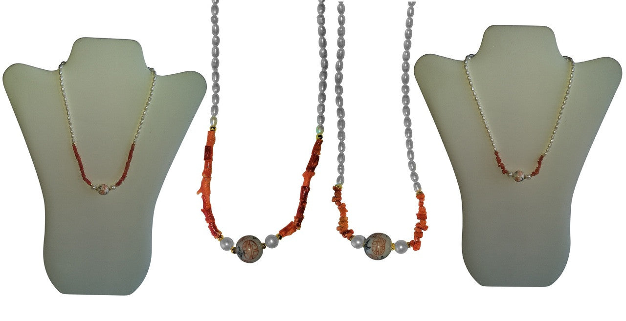 Double Happiness & Longevity Happy Marriage Vintage Glass Chinese Bead, Coral, Freshwater Pearl Necklace.