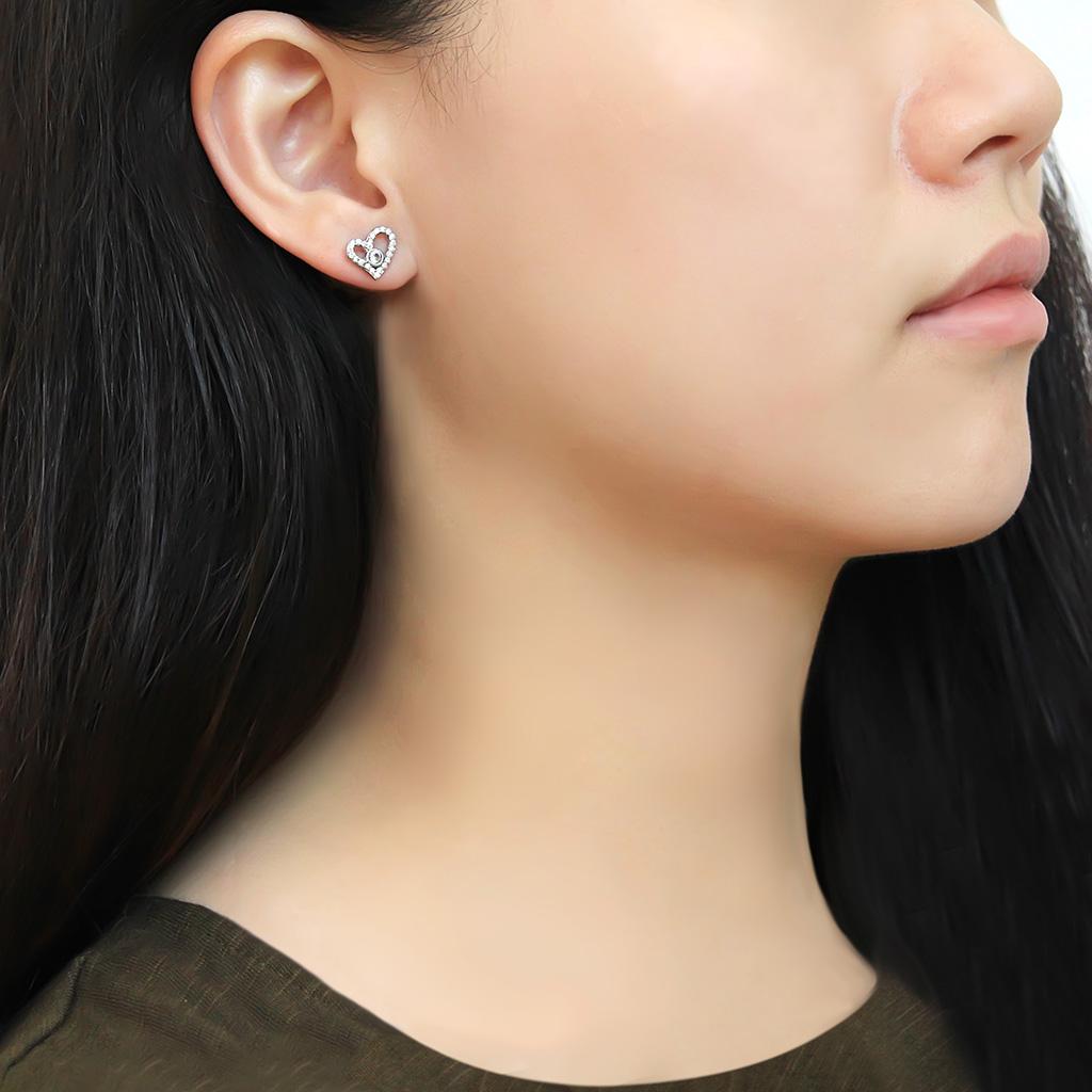 DA075 - High polished (no plating) Stainless Steel Earrings with AAA Grade CZ  in Clear-2