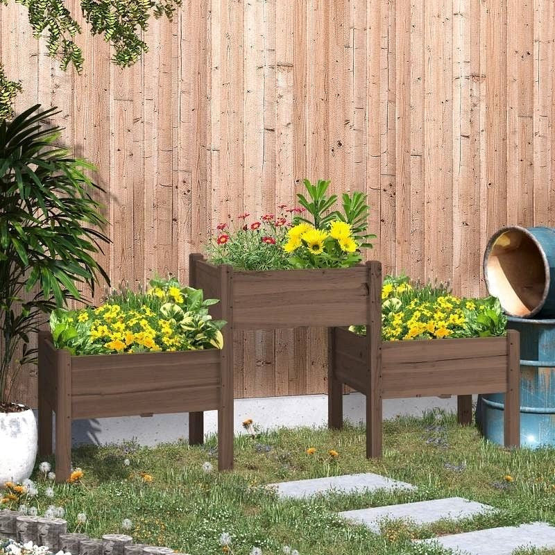 Brown 3 Wooden Elevated Planter Raised Garden Beds